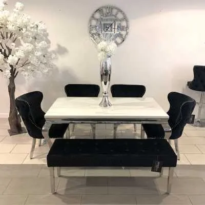 1.6m Marble White Dining Table Valencia Black Chairs