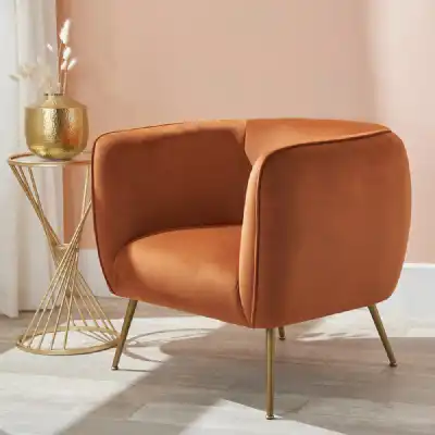 Retro Tobacco Velvet Upholstery Tub Chair with Golden Legs