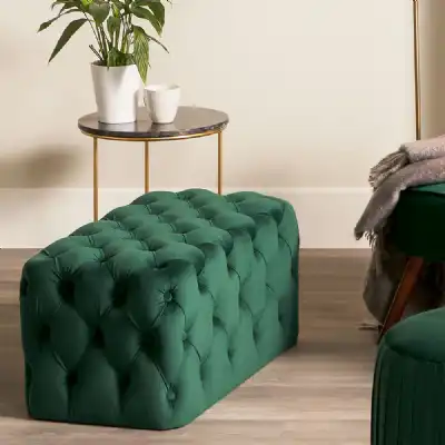 Forest Green Velvet Upholstery Rectangular Buttoned Ottoman