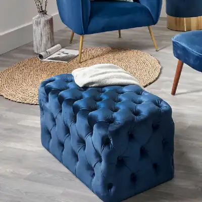 Sapphire Blue Velvet Upholstery Rectangular Buttoned Ottoman