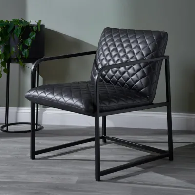 Steel Grey Padded Quilted Leather Arm Chair Black Iron Frame