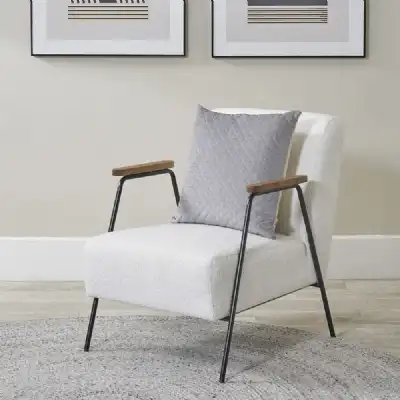 White Boucle Upholstery Chair Black Metal Legs Wooden Arms