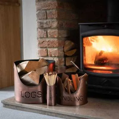 Copper Finish Logs And Kindling Buckets With Matchstick Holder Fire Hearth Set