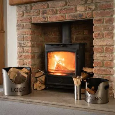 Modern Trendy Pewter Finish Logs And Kindling Buckets And Matchstick Set 32x34cm