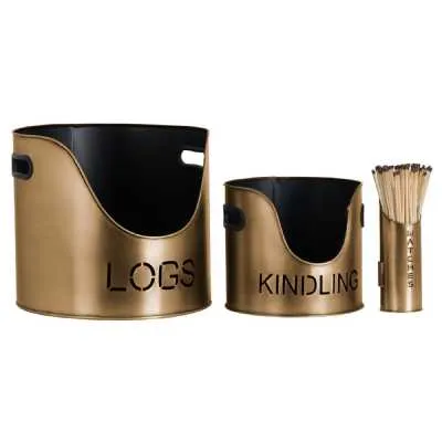Bronze Finish Logs And Kindling Buckets And Matchstick Holder