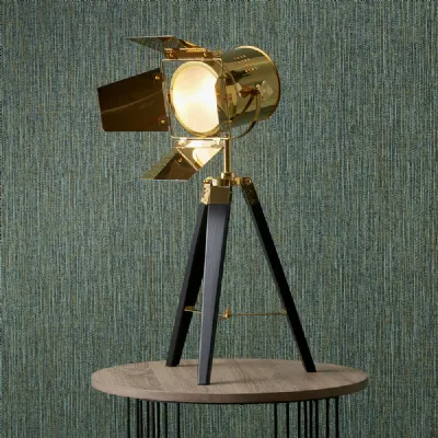 Gold Metal and Black Wood Hollywood Tripod Table Lamp