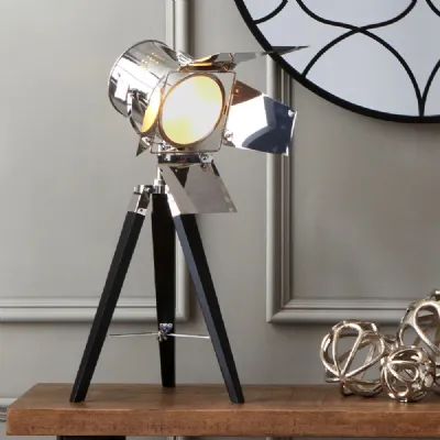 Silver Metal and Black Wood Hollywood Tripod Table Lamp