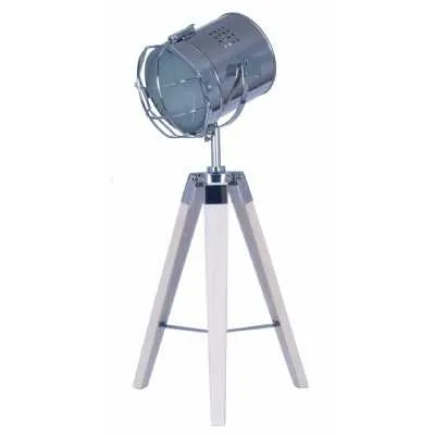 White Wash Wood And Silver Metal Tripod Table Lamp