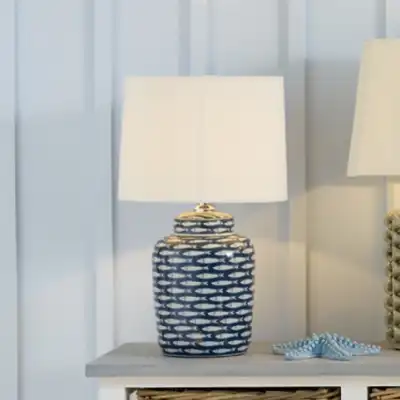 Blue and White Fishes Ceramic Table Lamp with Cream Shade