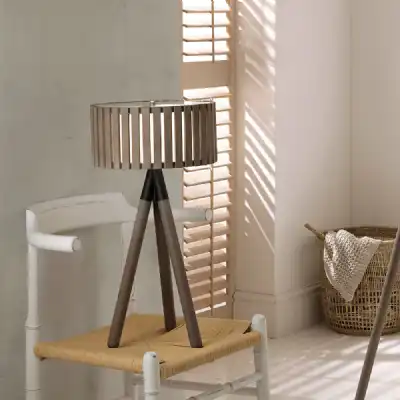 Tripod Table Lamp Round Wooden Slatted Shade