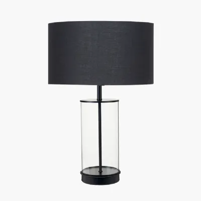 Westwood Clear Glass and Black Metal Table Lamp with Harry 35cm Black Poly Cotton Cylinder Drum Shade