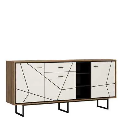 Wide Walnut and White 3 Door 1 Drawer Sideboard With Metal Handles