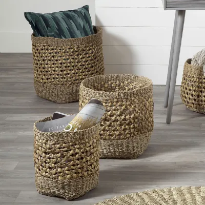 Woven Seagrass Water Hyacinth Set of 3 Tall Round Baskets