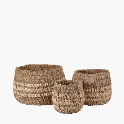 Set of 3 Woven 2 Tone Seagrass and Palm Leaf Round Baskets