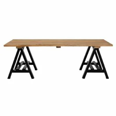 Hampstead Large Pine Wood and Black Iron Trestle Style Coffee Table