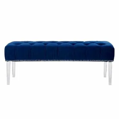 Blue Button Tufted Velvet Fabric Bench With Acrylic Legs