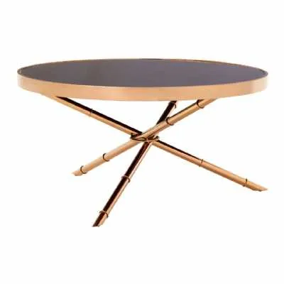 Alvaro Rose Gold Metal Frame 3 Leg Coffee Table With Black Glass Top