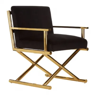 Modern Hendricks Black Velvet Chair On Gold Stainless Steel Cross Legs