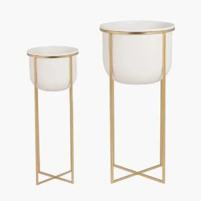 S 2 White and Gold Metal Planters