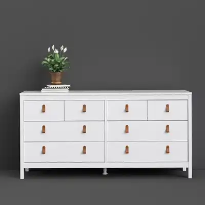 White Wide 8 Drawer Chest of Drawers Brown Tab Handles