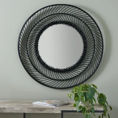Scandi Style Black Bamboo Round Large 89.5cm Wall Mirror