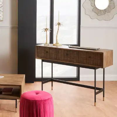 Scandi Dark Wood 3 Drawer Console Table with Metal Base