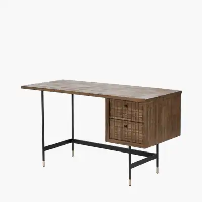 Scandi Dark Wood 2 Drawer Desk Table with Metal Frame
