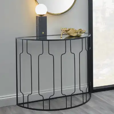 Black Metal Mirrored Glass Half Moon Console Table