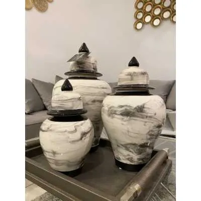 Black Marble Look Set Of 3 Large Storage Jar