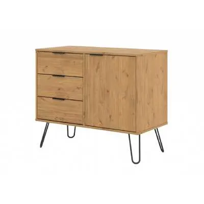 Small Pine Sideboard Cupboard with 1 Door and 3 Drawers Metal Hairpin Legs