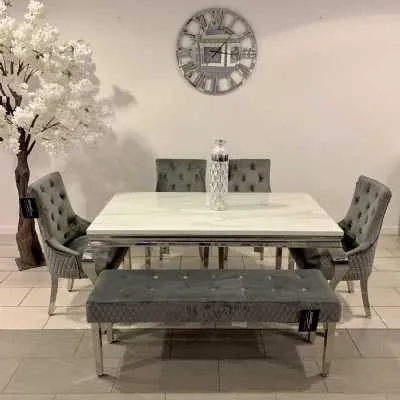 1.6m Marble White Dining Table Minister Grey Chairs