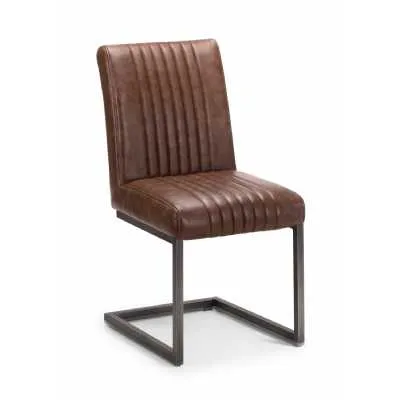 Tan Brown Ribbed Leather Dining Chair Cantilever Square Gunmetal Frame