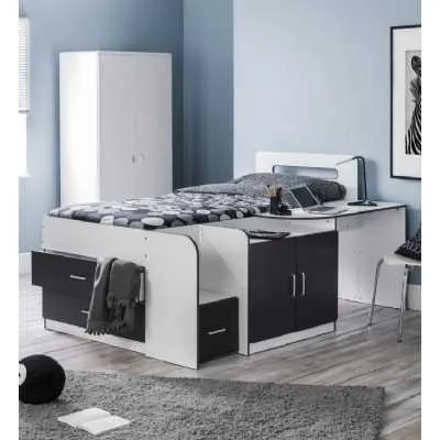 Matt White and Charcoal Grey Kids Cabin Bed 3 Drawers Cupboard Shelf and Desk