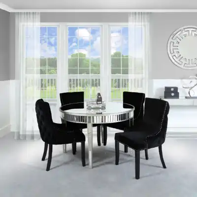 Silver Mirrored 120cm Round Dining Set 4 Black Chairs