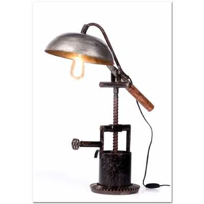 Upcycled Lighting Furniture Wooden Handle Iron Pan Recycled Industrial Table Desk Lamp 74x30x49cm
