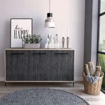Modern Washed Oak And Grey Effect Medium Sideboard with 3 Doors 65x120cm