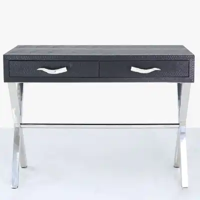 Faux Snake Leather 2 Drawer Console Table Black Horn Handle