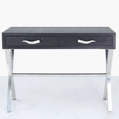 Pewter 2 Drawer Console Table Stainless Steel Faux Leather Black