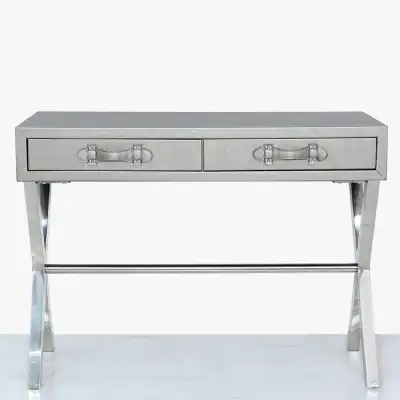 Faux Litchi Grain Leather 2 Drawer Console Table Pewter