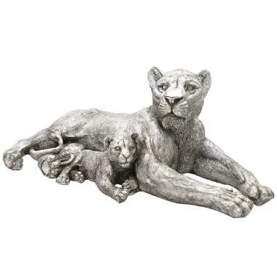 Silver Art Lion With Cub Statue