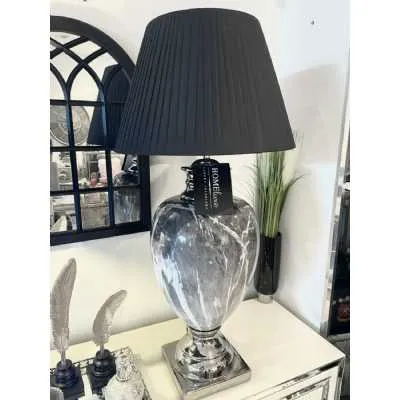 Marble Effect Table Lamp With Black Round Shade Extra Large