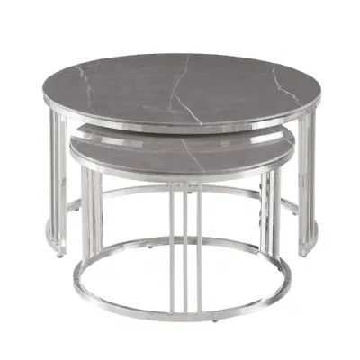 Set of 2 Round Chrome Coffee Tables with Marble Top