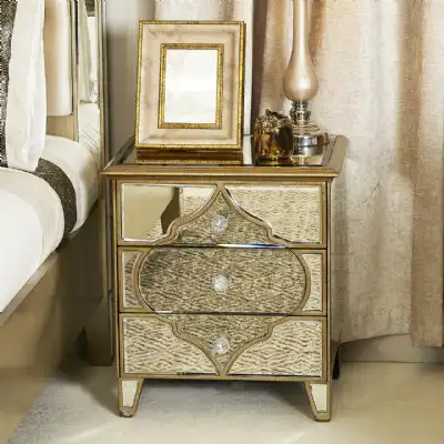 Gold Mirrored Glass 3 Drawer Bedside Chest