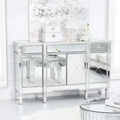Large 4 Door Silver Mirrored Glass Sideboard