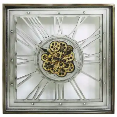 Silver Brush Roman Numeral Gears Square Wall Clock 80cm