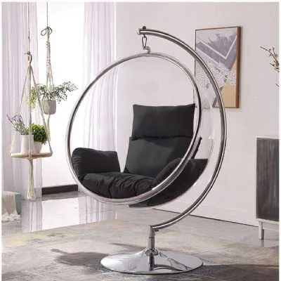 Clear Round Retro Hanging Bubble Chair On Steel Base with Black Cushion