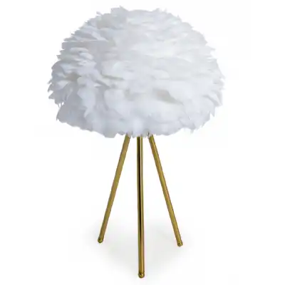 Gold White Feather Shade Table Lamp on Tripod Base