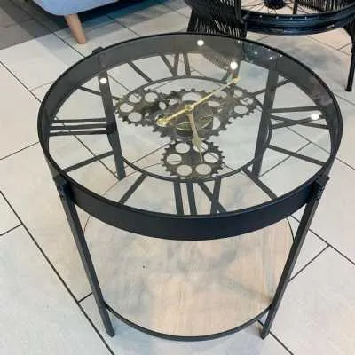 Clock Table Metal With Wooden Shelf