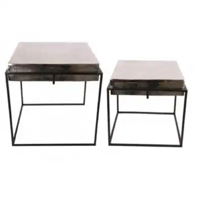 Set Of 2 Square Tray Tables In Silver With Black Leg