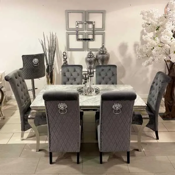 1.6m Grey Marble Dining Table And Grey Madrid Chairs